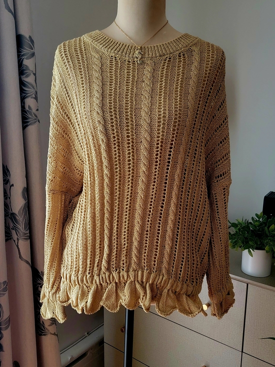 Zara Sweaters - ZARA Mustard Yellow Open Crochet Knit Ruffle Beach Sweater Size M